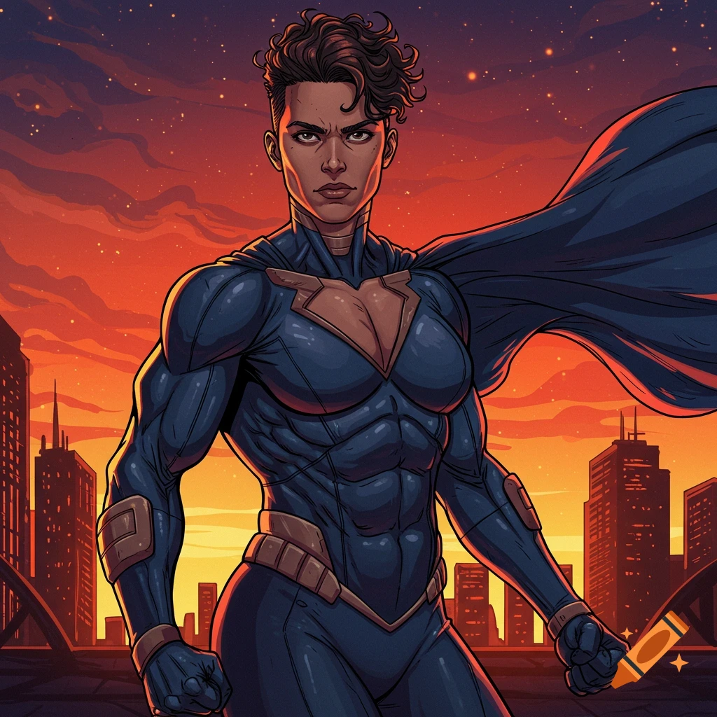 A muscular woman in a superhero costume with a cape stands against a city skyline at sunset in a comic book style.