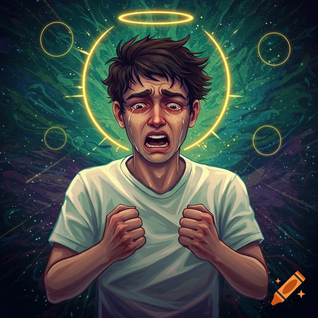 A person crying in distress, with a halo and mystical green background.