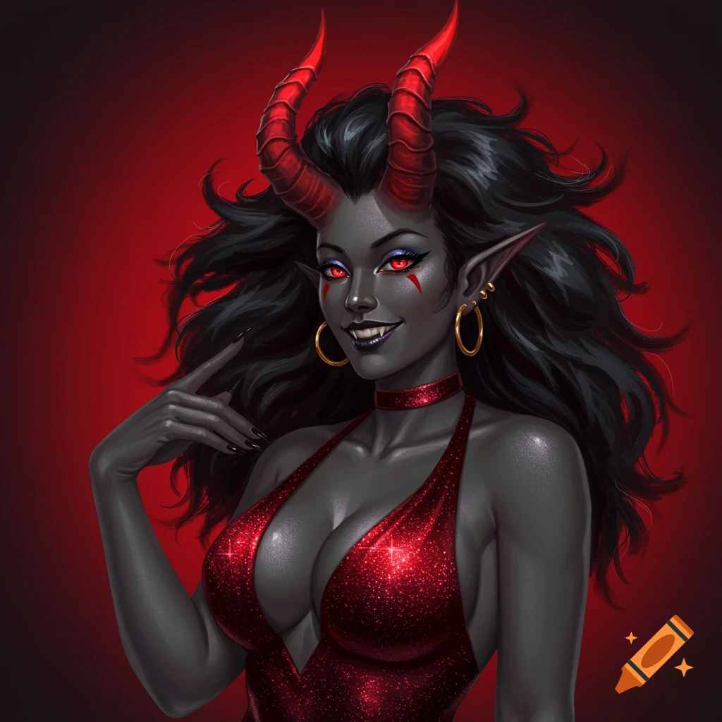 A confident female demon with dark skin, red horns, and long black hair, wearing a glittery red dress.