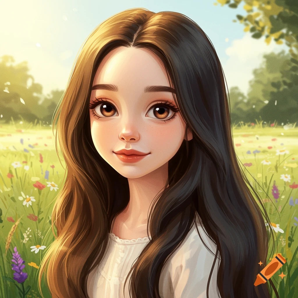 A young girl with long dark hair stands in a sunny meadow filled with wildflowers.