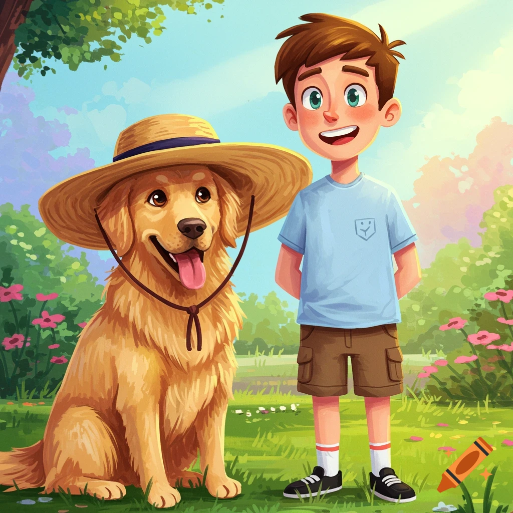 A whimsical image of a boy and a Golden Retriever wearing a straw hat in a sunny park.