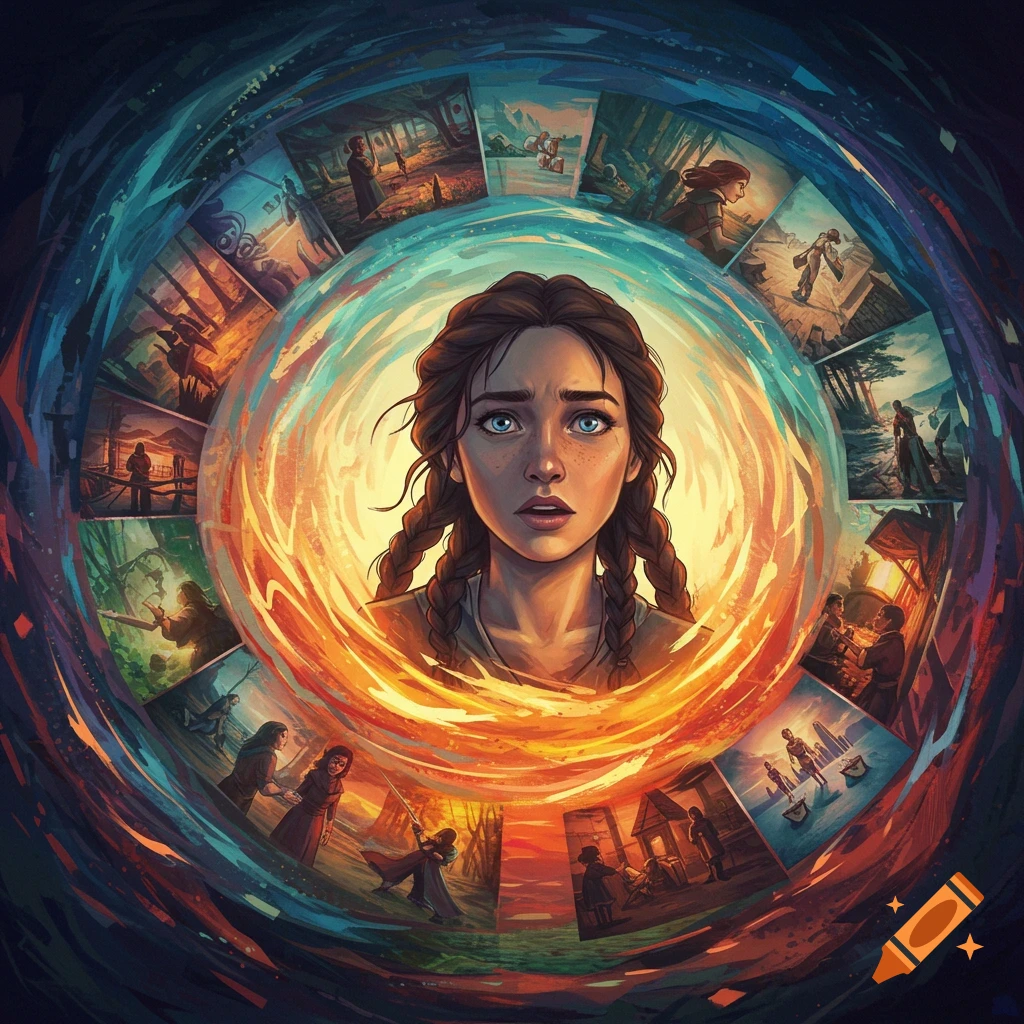 A young woman's face is encircled by circular panels depicting different scenes, framed by a swirling, vibrant border.