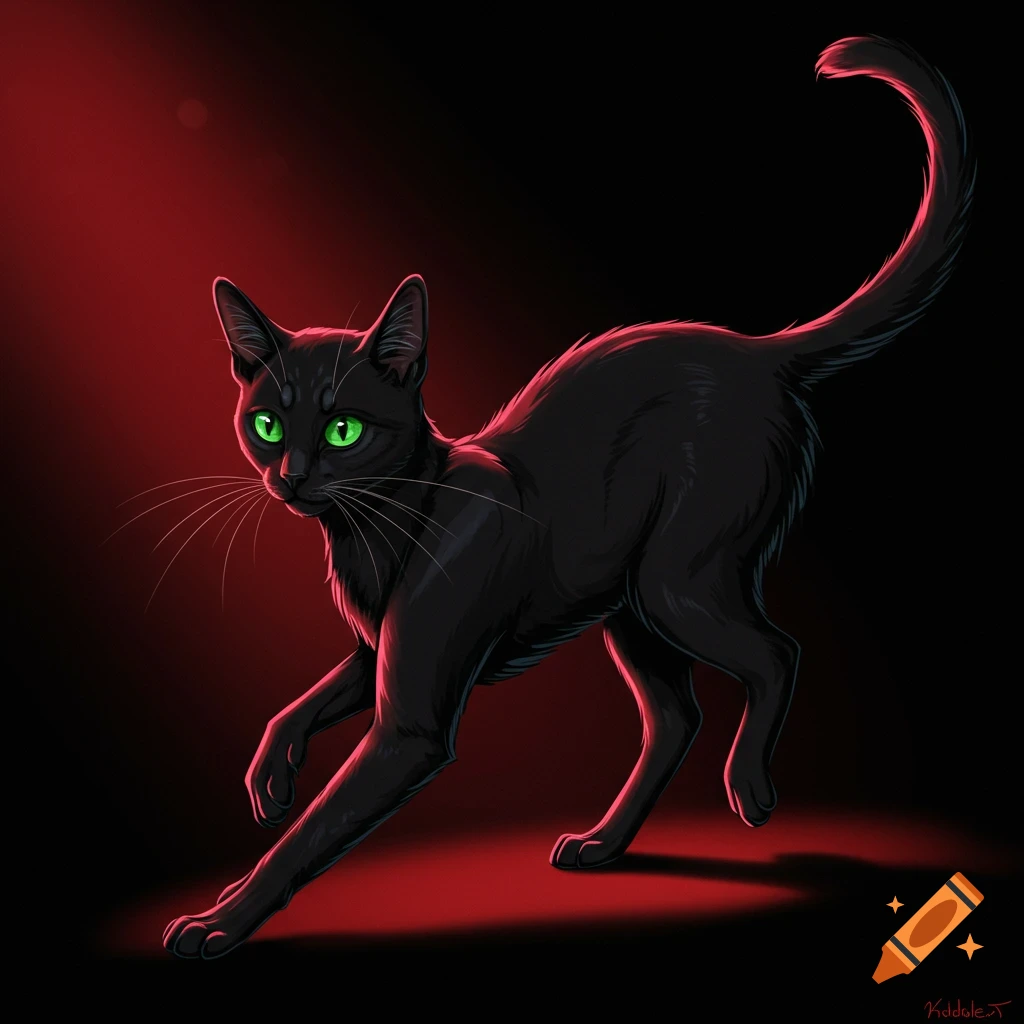A black cat with glowing green eyes is illuminated by red light.