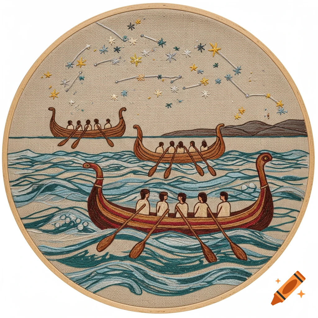 An embroidered tapestry depicting three ancient style boats with people paddling on wavy water under a starry sky.