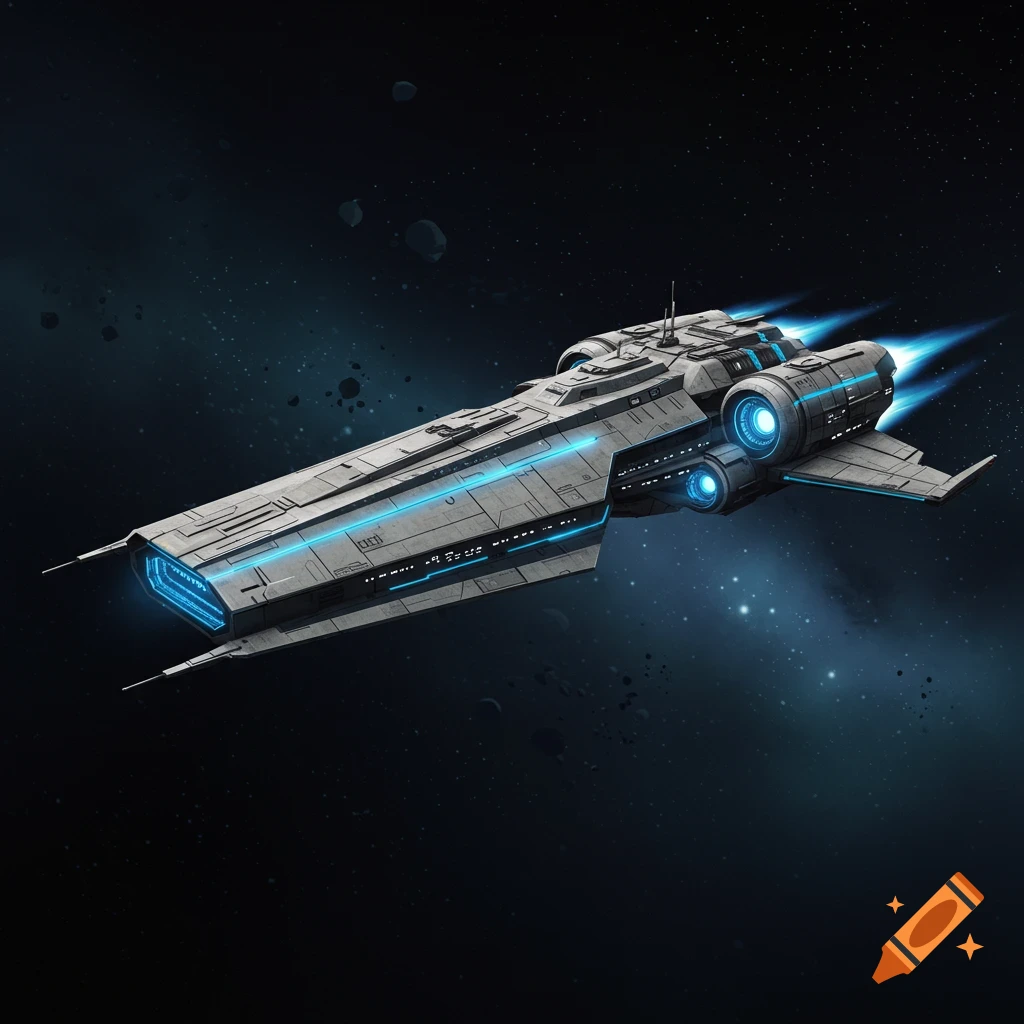 A futuristic grey spaceship with glowing blue accents flying through deep space.