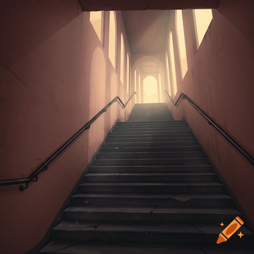 A long staircase with railings ascends towards bright light visible through arches along the walls.