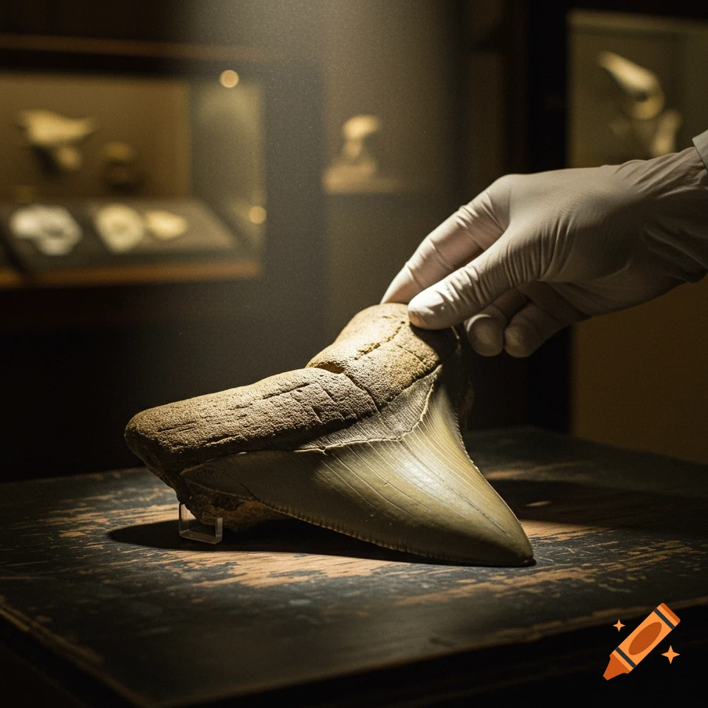 Hand in glove holding large fossil megalodon shark tooth on table in museum setting.