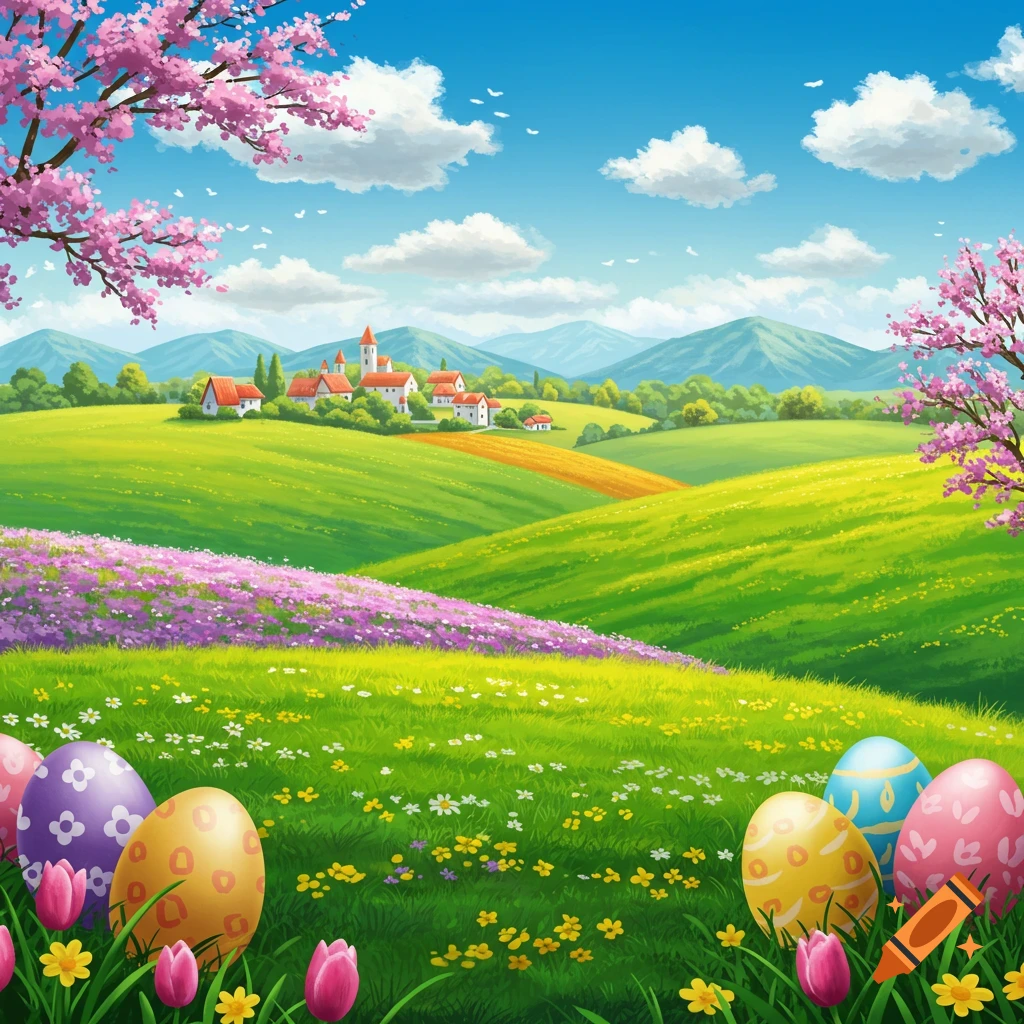 A vibrant Easter landscape illustration with decorated eggs and tulips in the foreground, a village nestled in rolling green hills, and cherry blossoms.