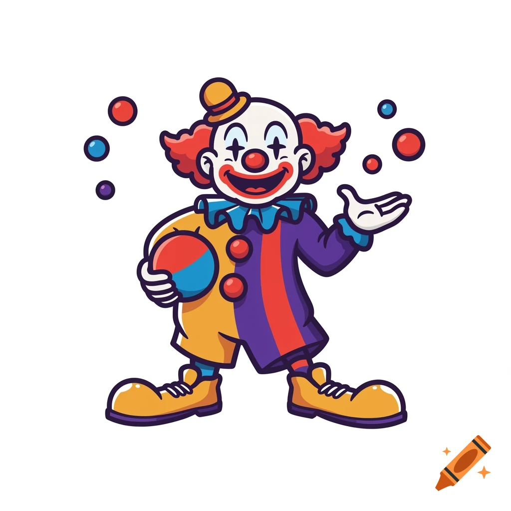 Cartoon illustration of a clown juggling colorful balls.