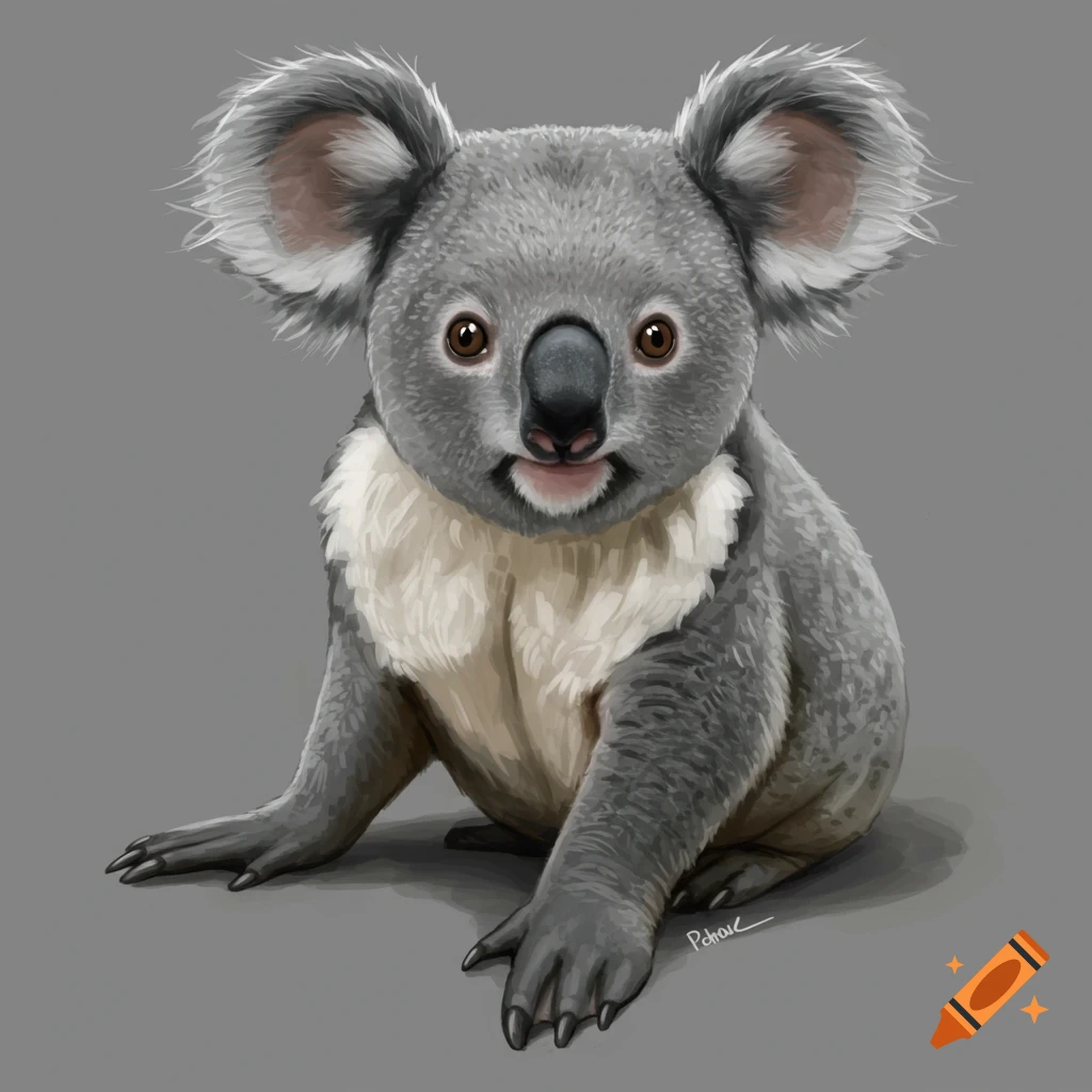 A koala and seal hybrid with big ears and webbed hands, sitting down.