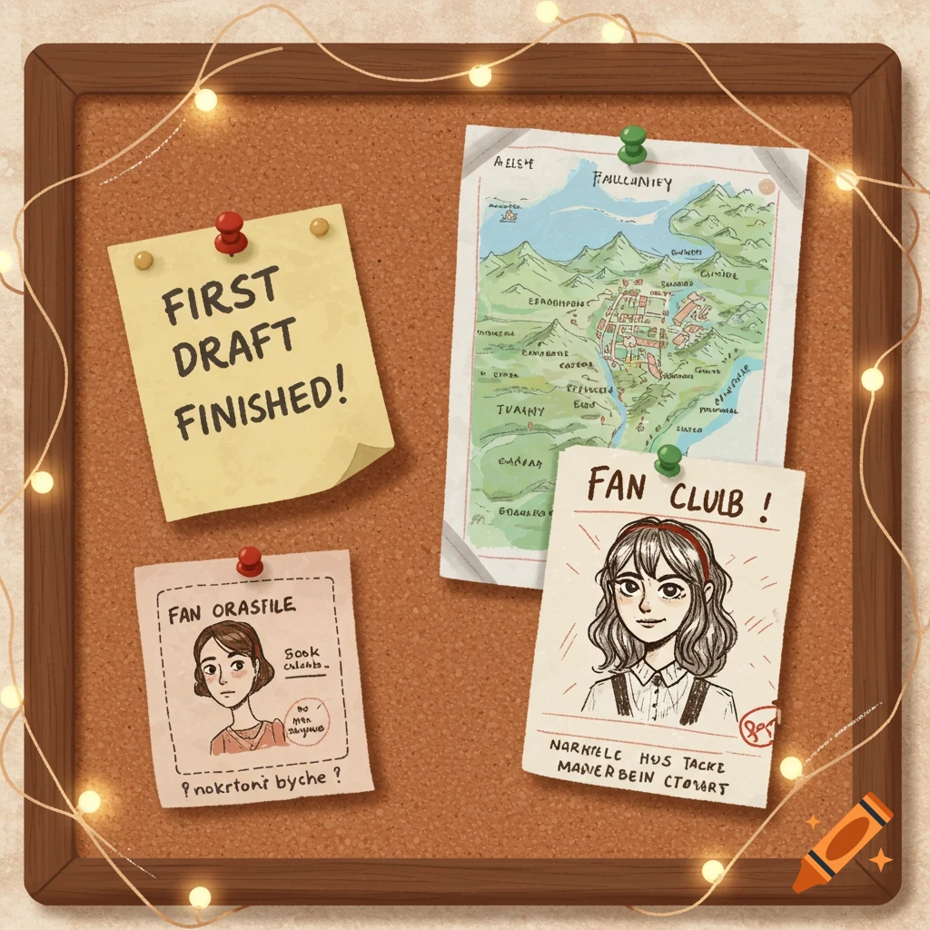 A corkboard is pinned with a note that says 'First Draft Finished!', a map of a fictional place, a fan drawing, and a ticket stub, framed by string lights.