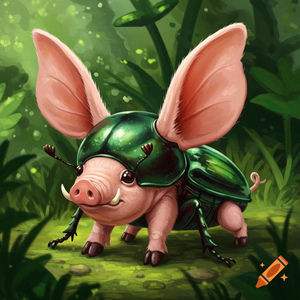 A fantasy creature combining a pig's head, ears, and feet with a green beetle's body, standing in a forest.