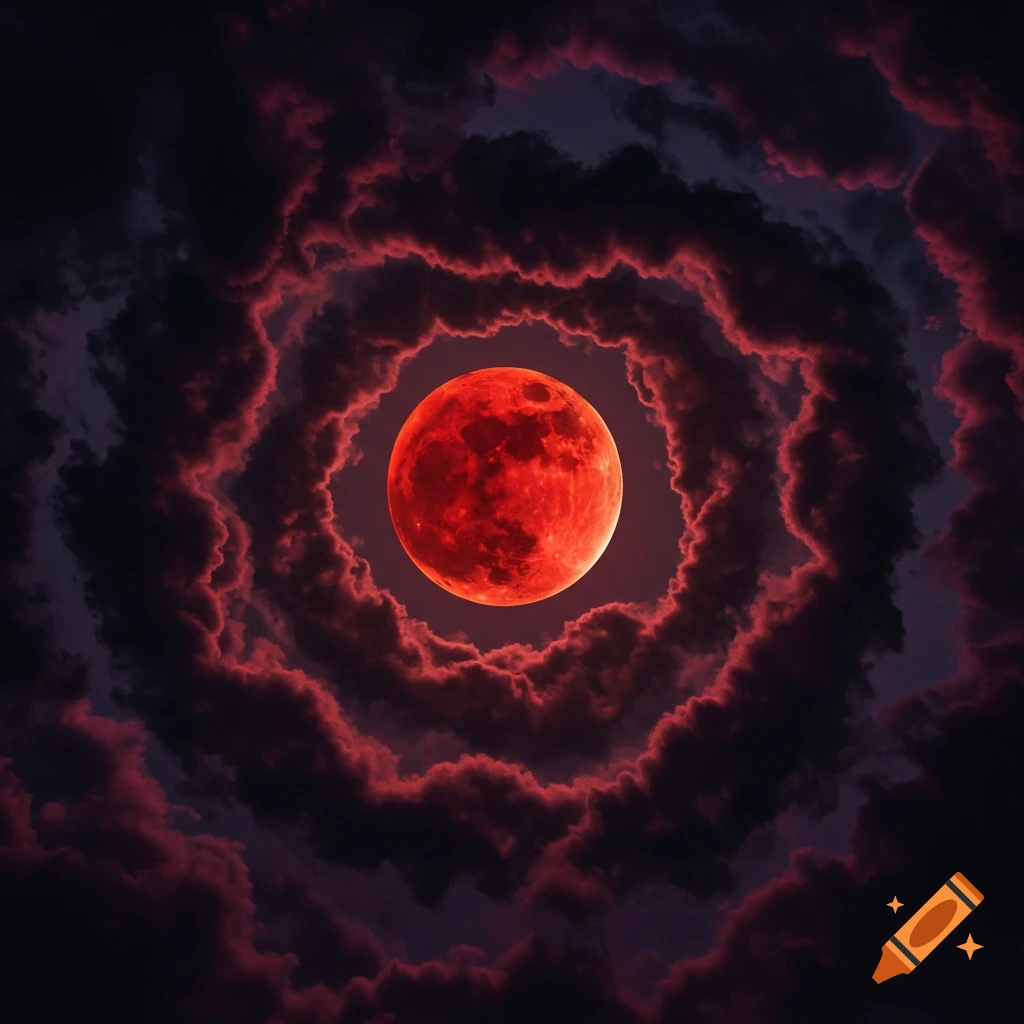 A bright red blood moon surrounded by swirling dark clouds forming a spiral.