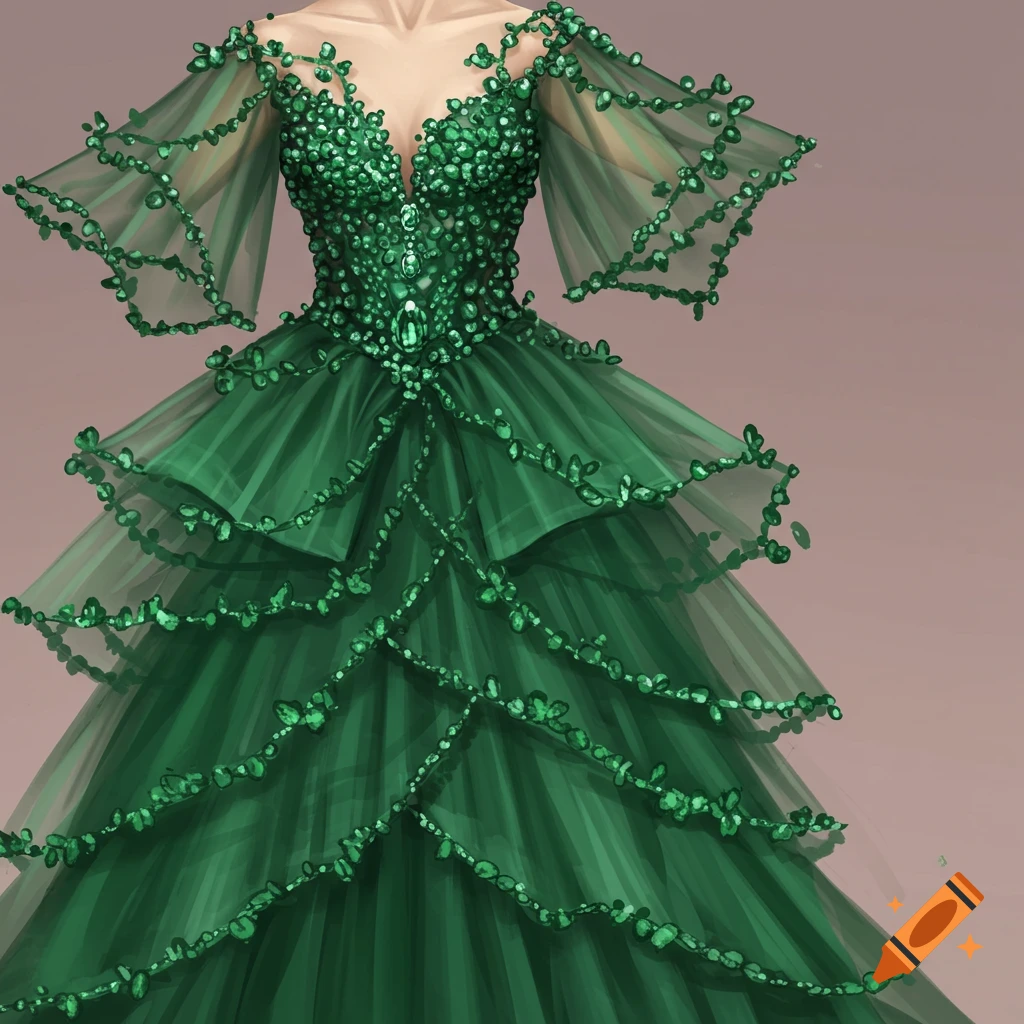 An emerald gown with layers of fabric and green jewels.