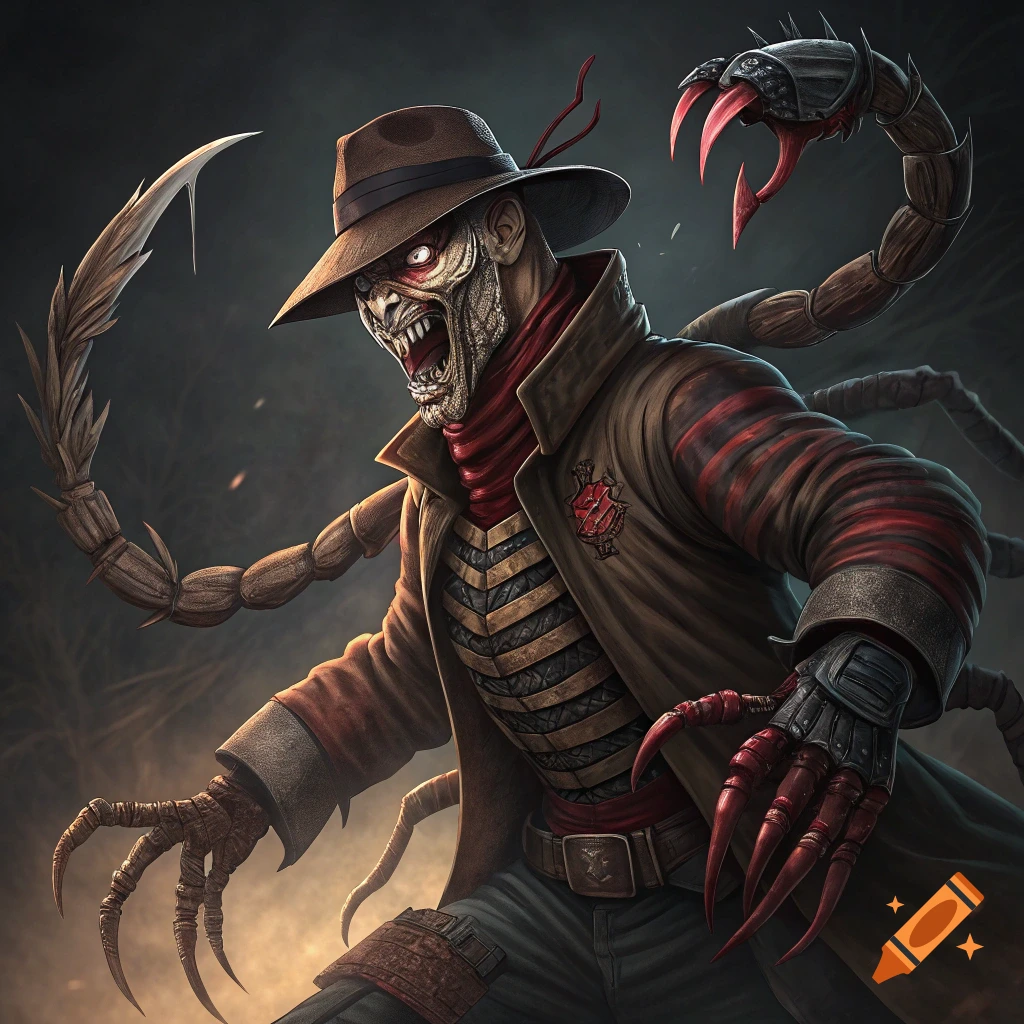 A creature combining Freddy Krueger and Scorpion, wearing a hat and trench coat, with monstrous claws and scorpion limbs.
