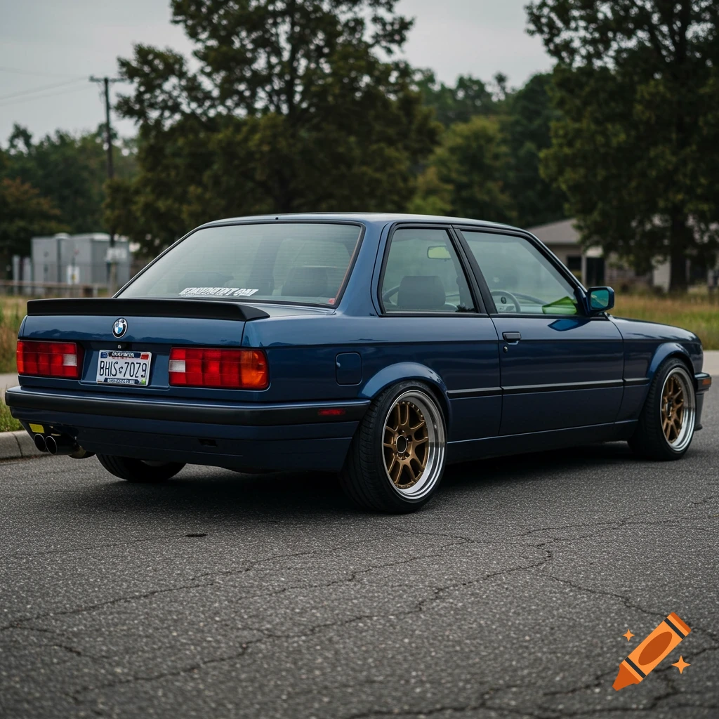 Rear view of a lowered blue 1986 BMW 325es with bronze rims and spoiler parked on a street.