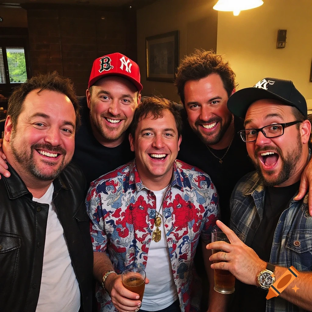 A group of five men smiling and holding drinks in a restaurant, some wearing baseball caps.