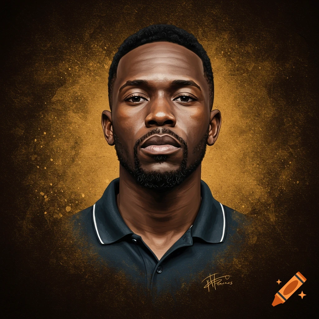 Portrait of a man with a goatee, wearing a dark polo shirt, against a textured gold and brown background.