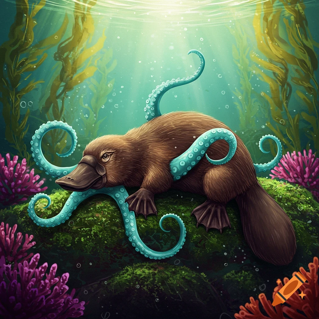 A platypus with octopus tentacles underwater in a reef.