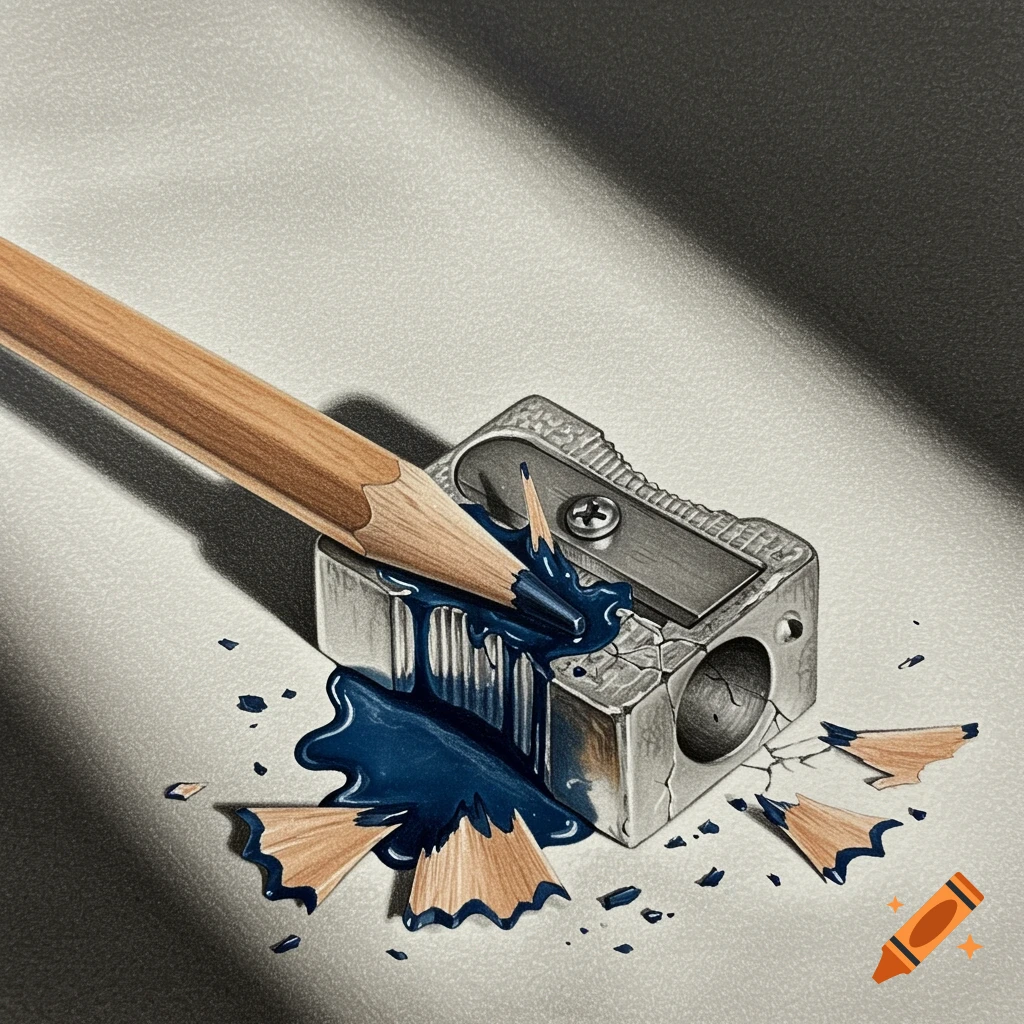 Detailed pencil drawing of a pencil leaking blue ink into a broken sharpener, with shavings and shadows.