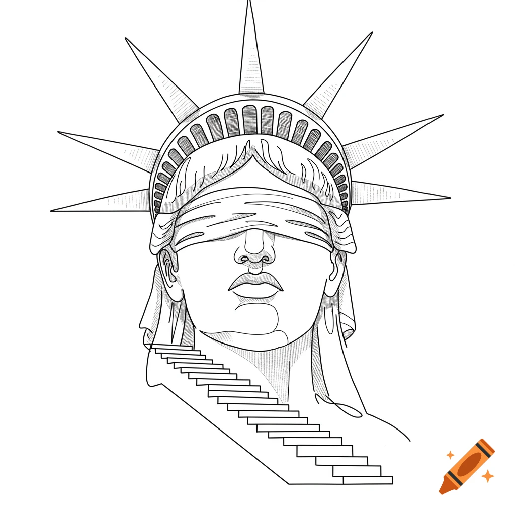 Minimalist line drawing of a blindfolded Statue of Liberty head with stairs leading from her neck.