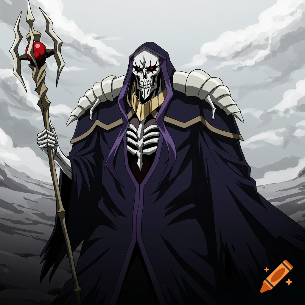 Anime depiction of a skeleton sorcerer in a dark robe holding a staff.