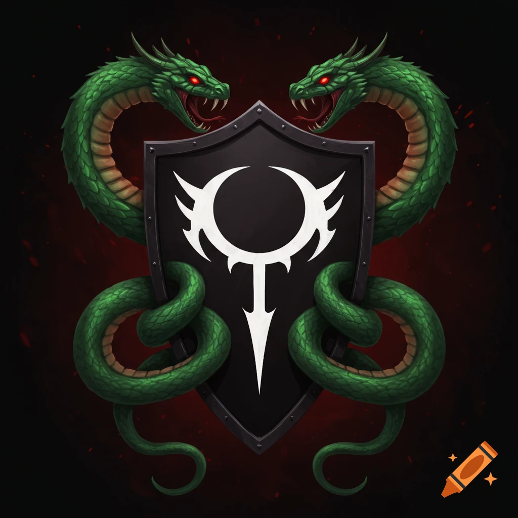 Two green snakes intertwined around a black shield with a white symbol.
