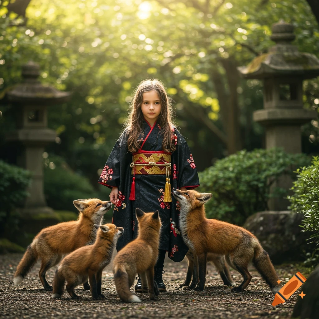 Girl in kimono surrounded by foxes in a sunny Japanese garden. Photorealistic style.