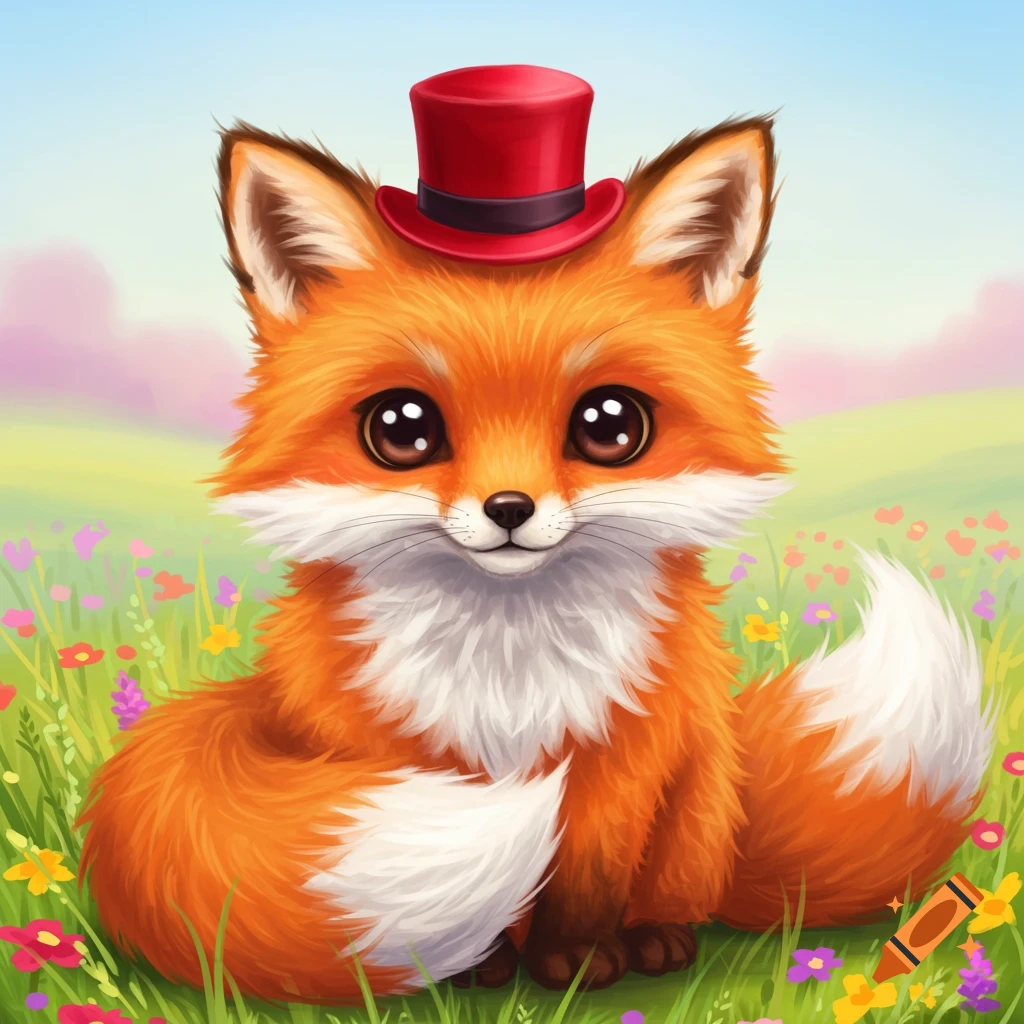 A cute fluffy fox wearing a red top hat sits in a field of colorful wildflowers in a whimsical style.