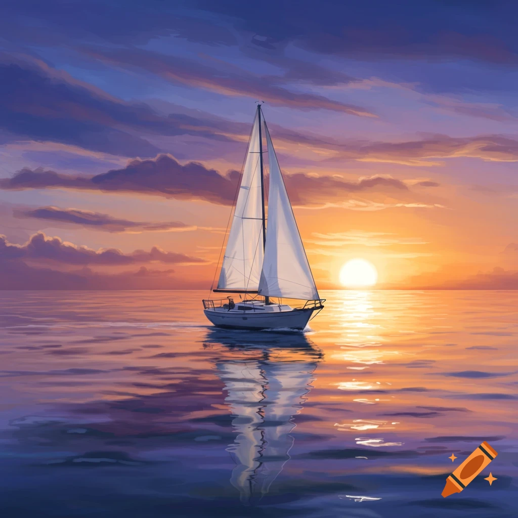 A sailboat sails on calm water during sunset