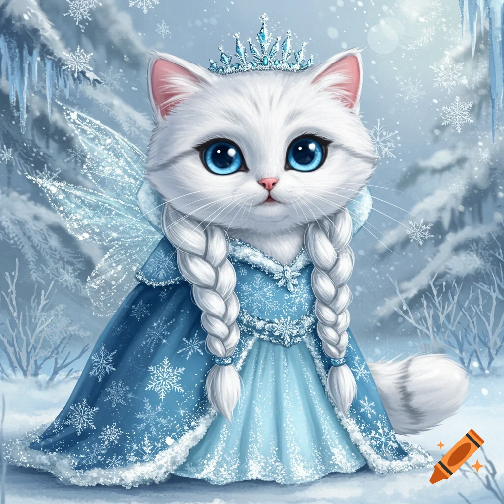 A cute white cat in a blue snow queen dress and crown sits in a snowy forest.