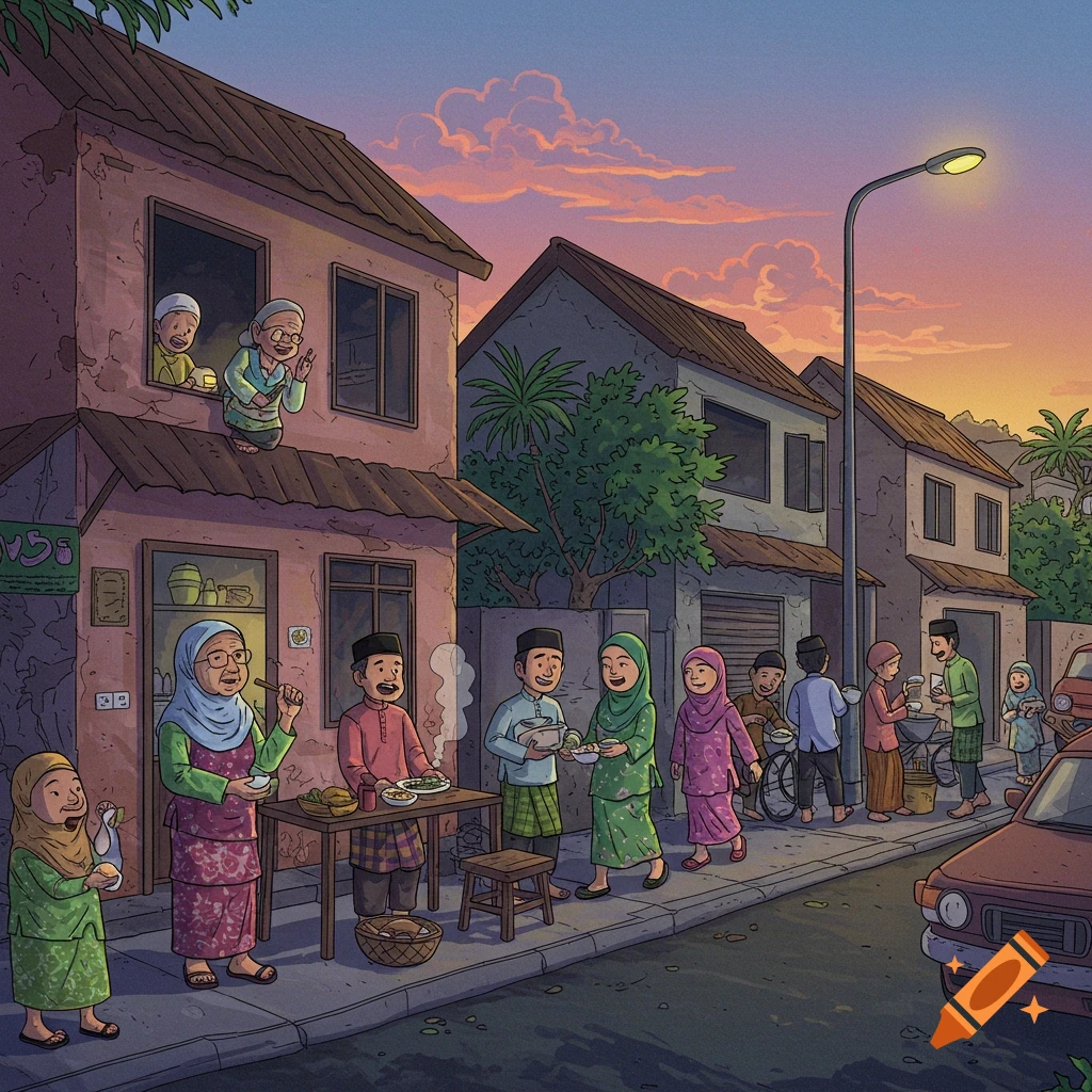 People sharing food outside houses at dusk/dawn