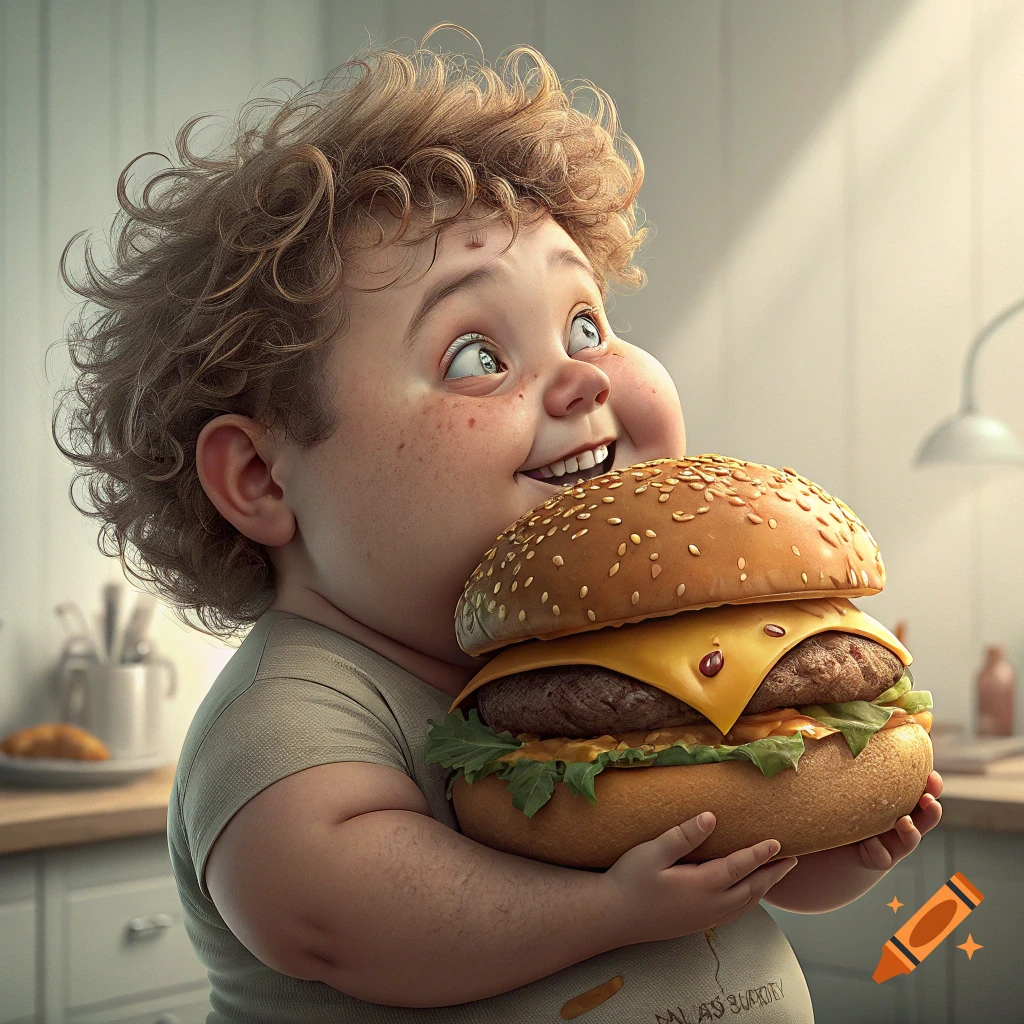 Stylized illustration of a happy child holding a giant burger