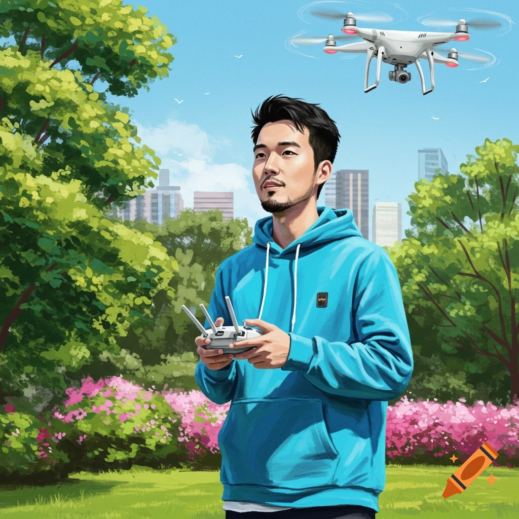 A man is flying a drone in a park with city buildings in the background.