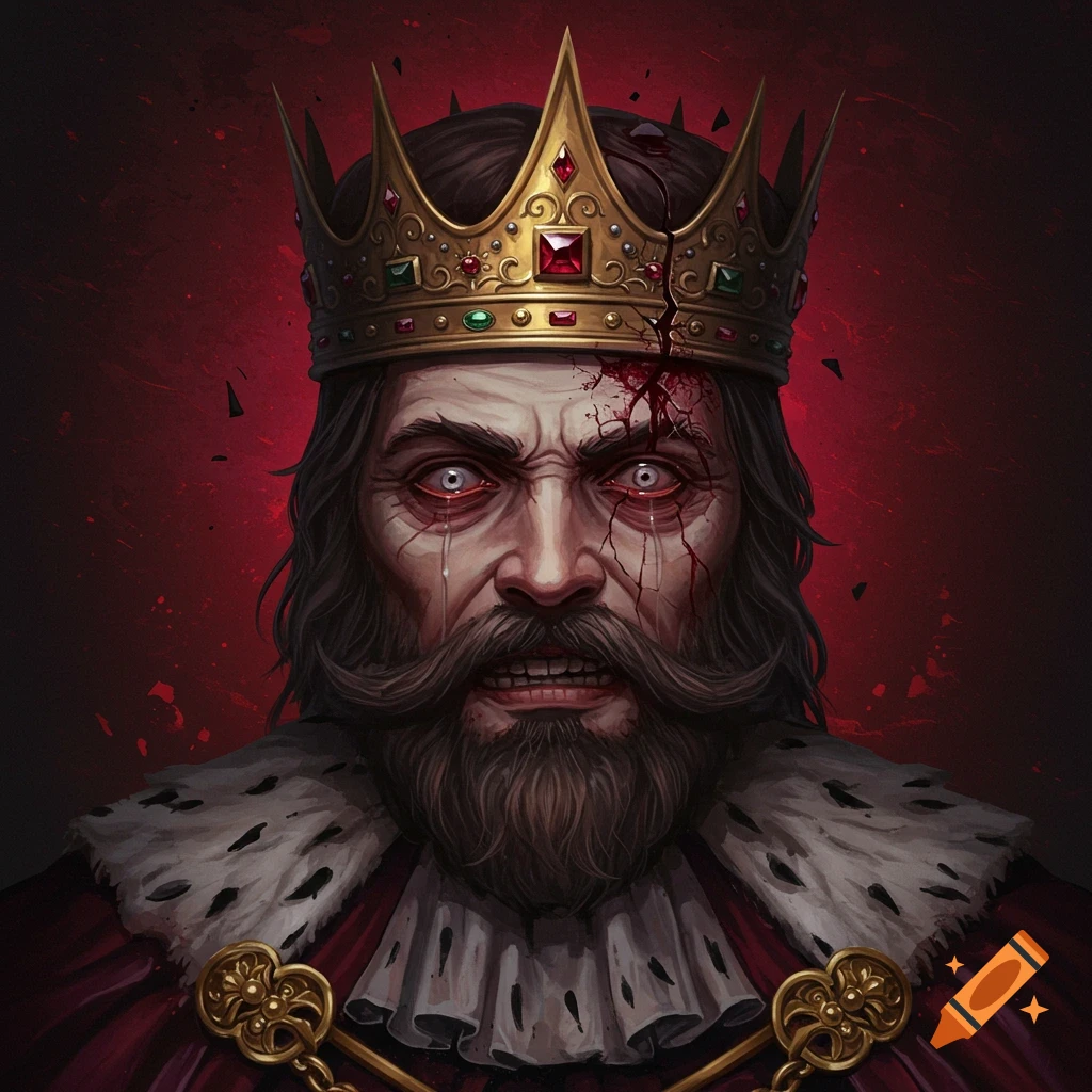 Portrait of a king with a cracked golden crown and blood on his forehead.