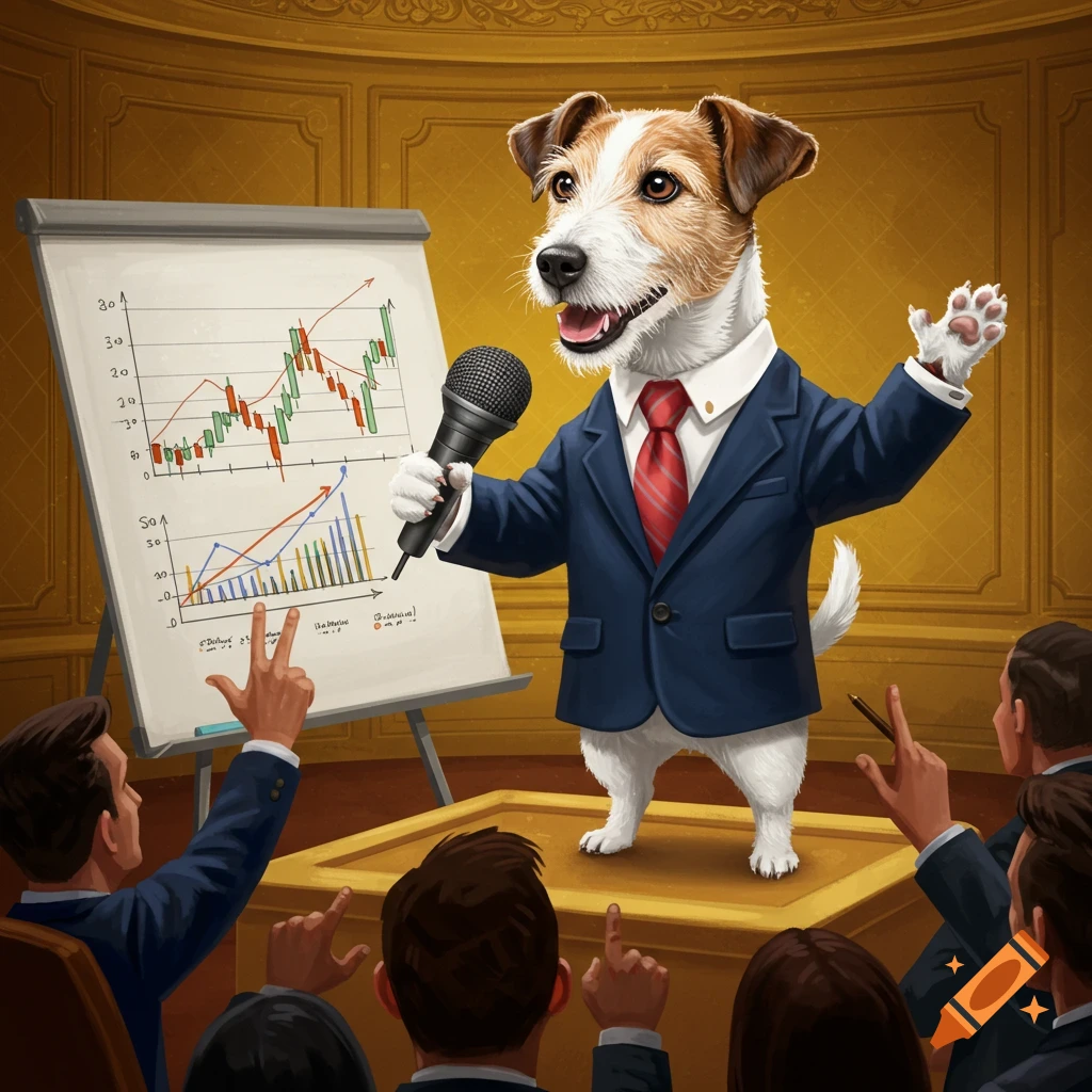 A Jack Russell terrier in a suit gives a stock pitch presentation with a chart.