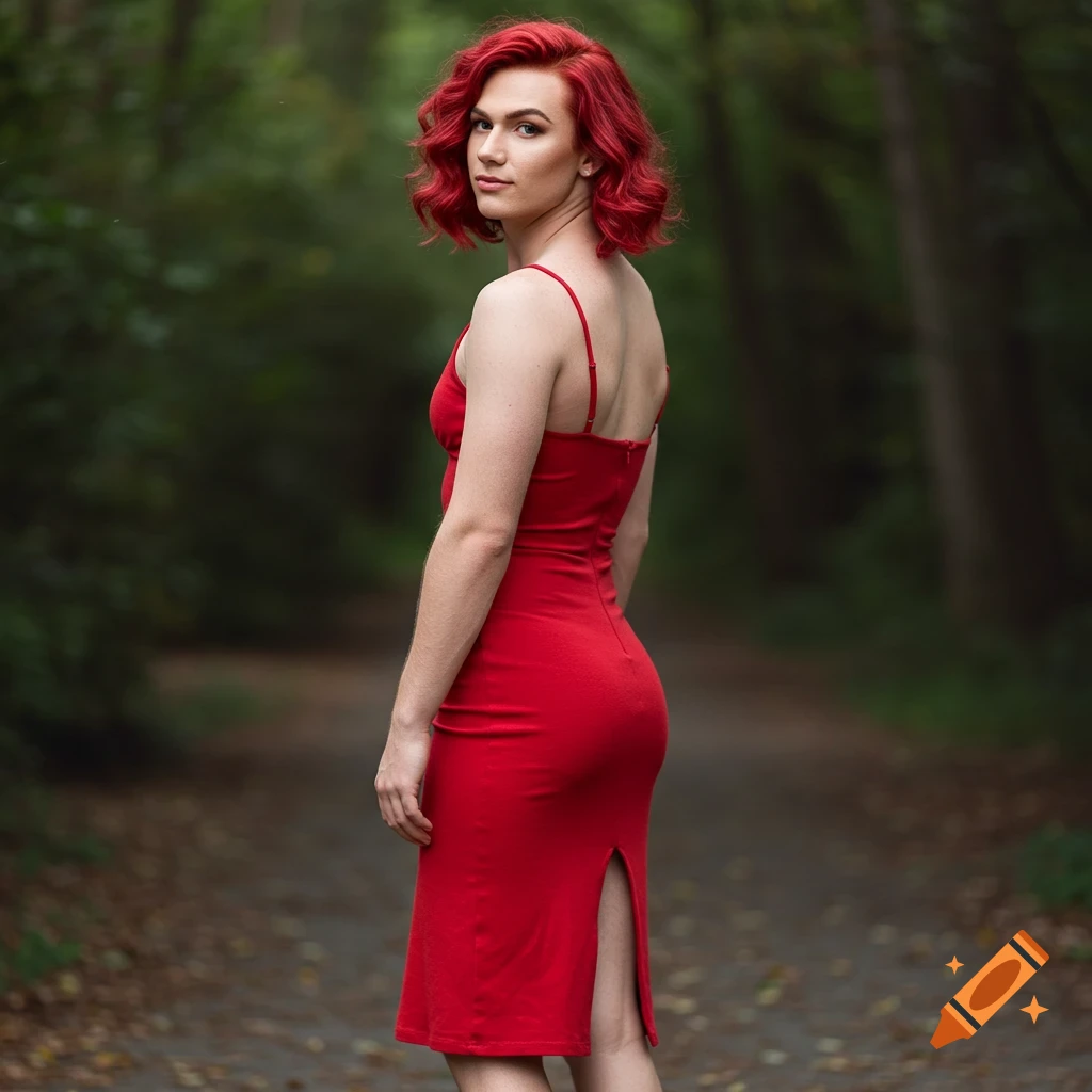 A person with red hair and a red dress stands in a forest