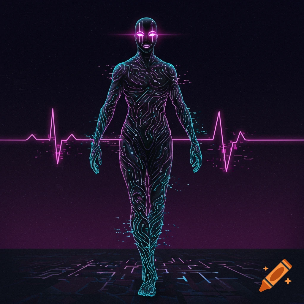 Stylized figure made of neon circuitry walking on a platform with a heartbeat waveform in the background. Digital art.