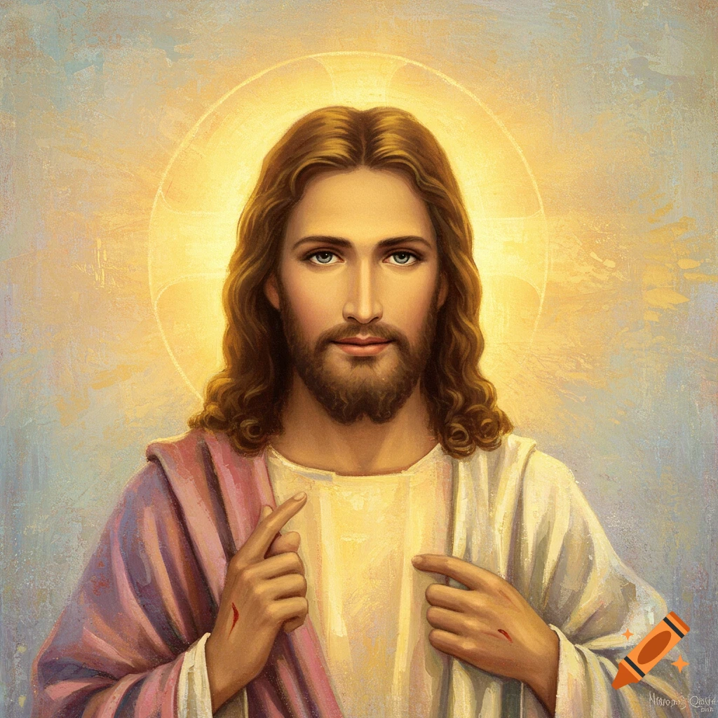 Painting of Jesus Christ with a halo, pointing to wounds on his hands.