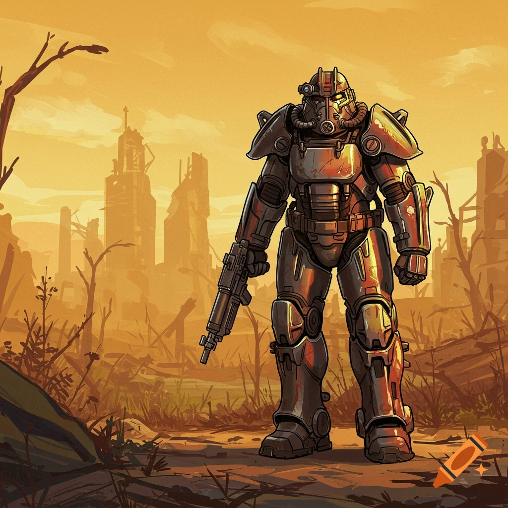 A figure in X-01 power armor stands in a ruined city landscape digital illustration.