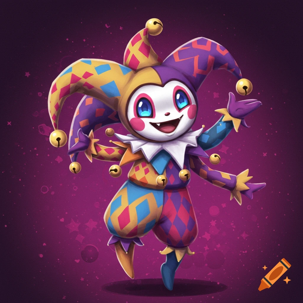 A colorful cartoon jester character with big eyes and bells on its hat and costume.