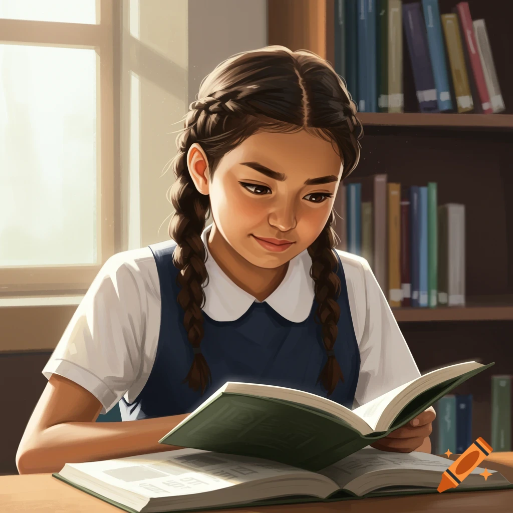 A young student with braids reads a book in a library.
