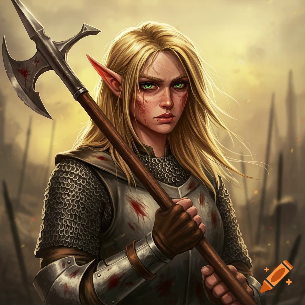 A wounded female elf paladin with blonde hair and green eyes, wearing dirty chainmail and holding an axe.