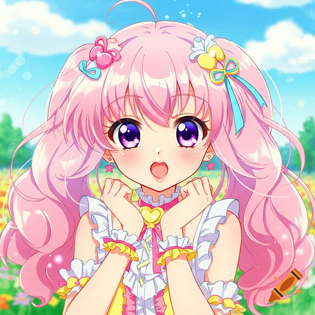 Close-up of a cute anime girl with pink hair and purple eyes in a frilly dress, smiling in a sunny field.