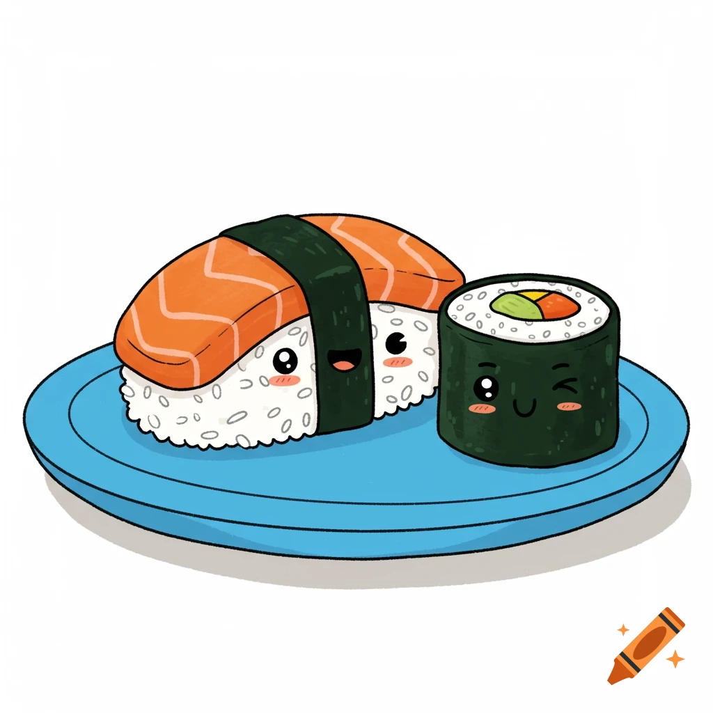 Cartoon drawing of two cute pieces of sushi on a blue plate.