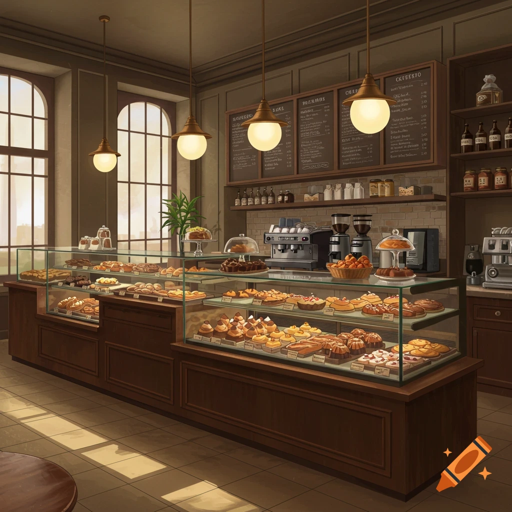 Interior of a warm-lit pastry cafe with display cases filled with pastries and a coffee station.