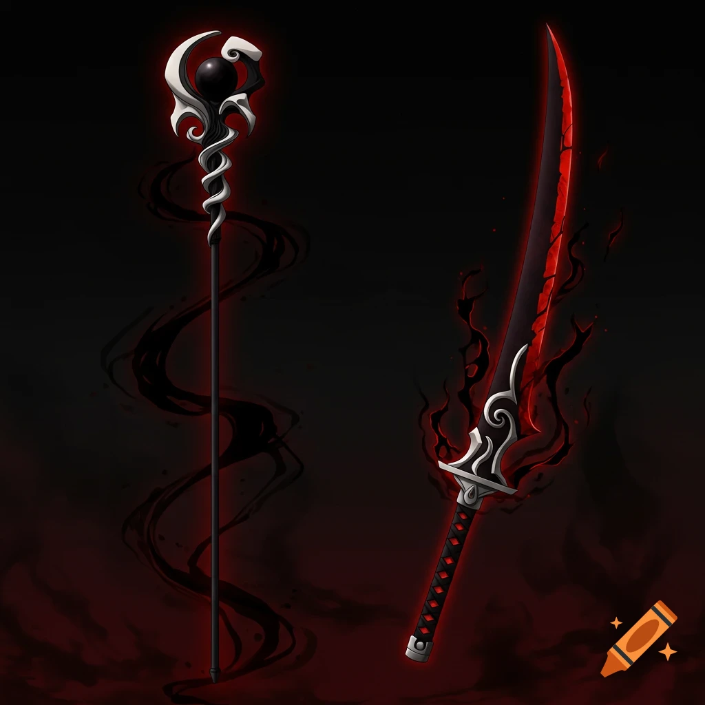Fantasy art of a black and white staff and a red and black curved sword against a dark background.