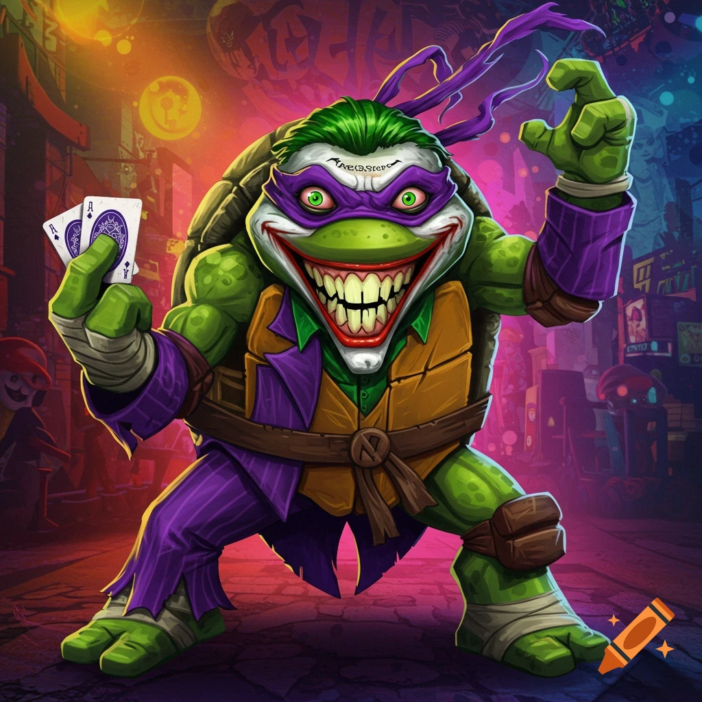 Teenage Mutant Ninja Turtle character combined with the Joker, holding playing cards.