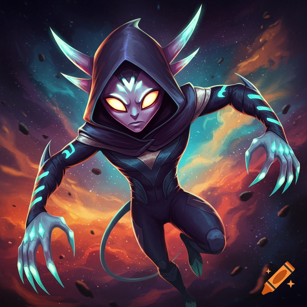 Stylized alien character with glowing eyes, hood, and claws lunging through space with asteroids.