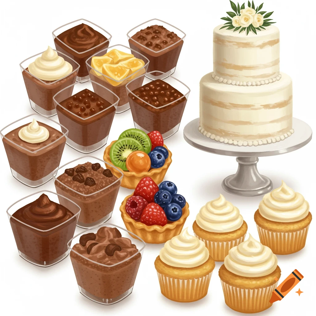 A collection of mini desserts including chocolate mousse cups, fruit tarts, cupcakes, and a two-tier wedding cake.